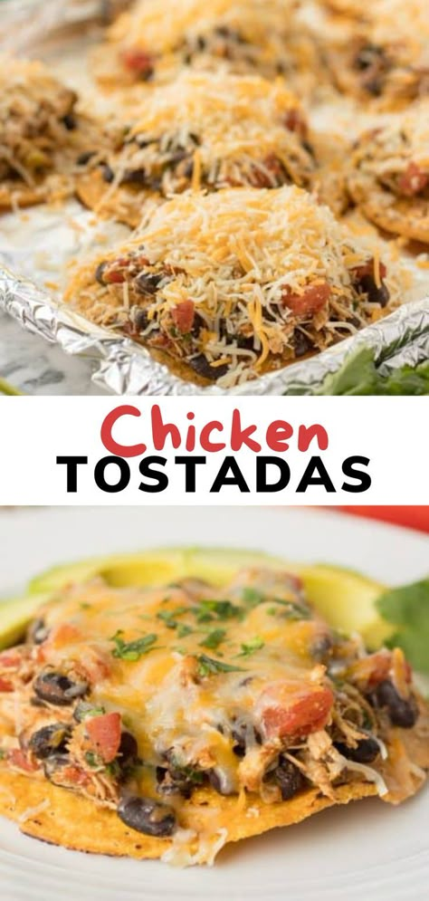 Learn how to make Chicken Tostadas with all the fixings! Crunchy tortilla shells are piled high with perfectly seasoned chicken, black beans, cheese, and more. It’s a quick and easy dinner recipe that’s packed with Mexican flavor the whole family will love! Chicken And Black Bean Tostadas, How To Use Tostada Shells, Flour Tortilla Tostadas, Tostado Shell Recipes, Recipes With Soft Shell Tortillas, Recipes With Tostada Shells, Tortilla Shell Recipes Ideas, Tostada Recipes Chicken, Recipes Using Tostada Shells