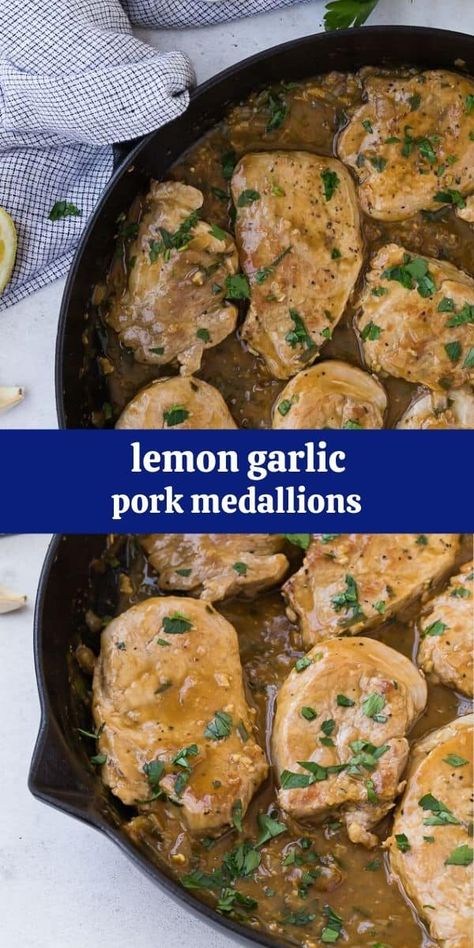 Easy Pork Tenderloin Recipe, Lemon Wine Sauce, Pork Medallion Recipes, Easy Pork Tenderloin Recipes, Lemon Wine, Pork Tenderloin Medallions, Easy Pork Tenderloin, Lemon Garlic Sauce, Pork Medallions