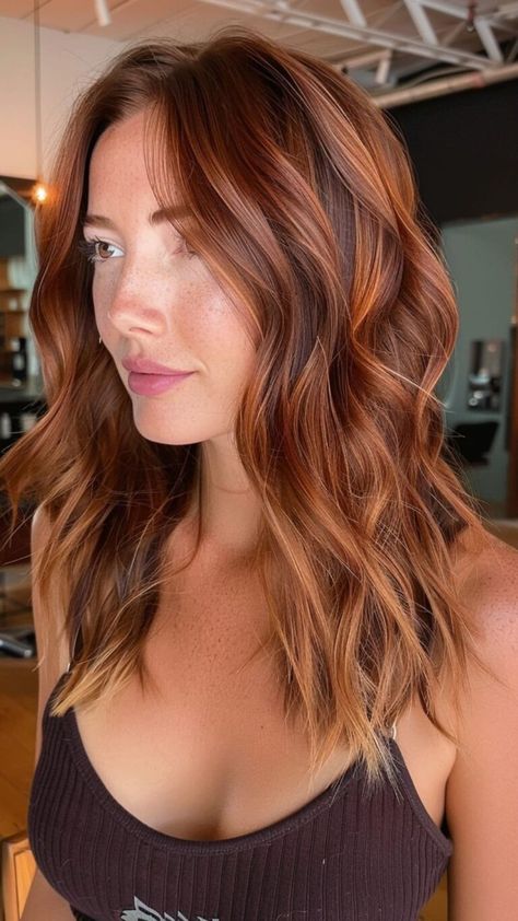 16 Trendy Dark Auburn Hair Colors That Will Turn Heads | Lookosm Auburn Ginger Hair Balayage, Dark Auburn Hair Color With Highlights Copper, Brown Auburn Ombre Hair, Auburn Hair With Dark Highlights, Hair Color Auburn Balayage, Red Brunette Hair Balayage, Auburn Reverse Balayage, Auburn Balayage On Dark Hair, Dark Hair Auburn Balayage