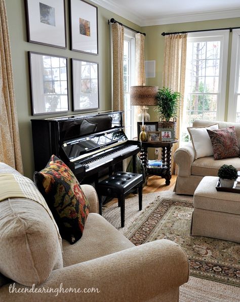 Love it! Piano Room Decor, Piano Living Rooms, Piano Decor, Living Room Reveal, Living Room Decor Curtains, Trendy Living Rooms, Brown Living Room, Living Room Decor Cozy, Living Room Green