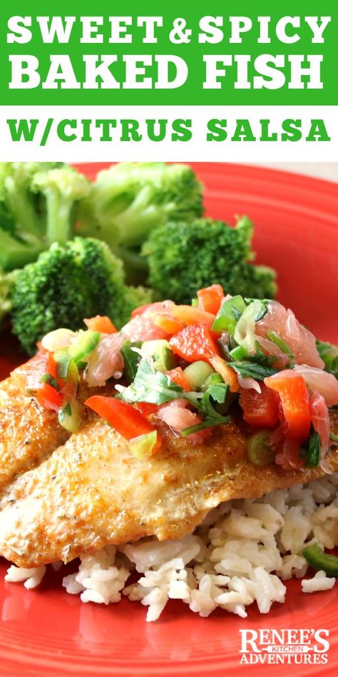 Sweet & Spicy Baked Fish with Citrus Salsa by Renee's Kitchen Adventures is an easy recipe for mild baked swai fish (also great with salmon or any mild white fish) topped with a delicious citrus salsa. Easy recipe for the weeknight. Great recipe for fish. #seafood #bakedfish #fishrecipe #bakedfishrecipe Fish Toppings, Baked Swai Fish, Salsa Easy Recipe, Salsa For Fish, Baked Swai, Easy Baked Fish Recipes, Basa Fish Recipes, Citrus Salsa, Recipe For Fish