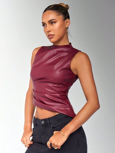 SHEIN BAE Women Summer PU Leather Pleated Asymmetric Hem Fashion Cami TopI discovered amazing products on SHEIN.com, come check them out! Burgundy Leather Top Outfit, Leather Top Outfit, Red Leather Top, Fringe Mini Dress, Faux Leather Top, Dark Autumn, Maroon Leather, Top Outfit, Tank Top Cami