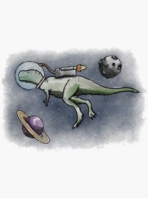 "A Space Dinosaur - Colour" Sticker by douglaswood | Redbubble Dinosaur In Space Drawing, Space Dinosaur Tattoo, Dinosaur In Space, Dino Aesthetic, Space Dinosaur, Dinosaur Painting, Dinosaur Sketch, 30 Day Drawing Challenge, Dinosaur Tattoos