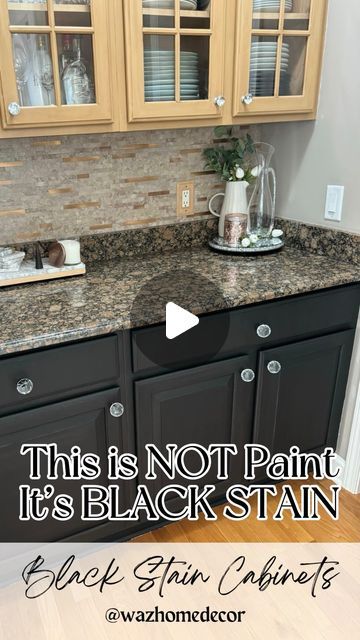 Can you believe there was NO SANDING involved with this black stain technique?!? 🤯 And it cost maybe $20 in products. 😳😱  Commen... | Instagram Painting Kitchen Cabinets Black Diy, Black Stained Kitchen Cabinets, Neutral Modern Home, Cabinet Refresh, Kitchen Rehab, Stained Kitchen Cabinets, House Renos, Espresso Cabinets, Painting Hacks