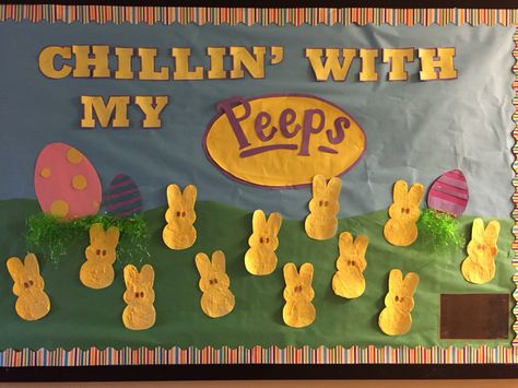 Peeps bulletin board Easter Wall Decorations For School, Hanging With My Peeps Bulletin Board, Peeps Bulletin Board Ideas, Peeps Template, Peeps Bulletin Board, Easter Board Ideas, Easter Bulletin Board Ideas, Board Ideas For Preschool, Bulletin Board Ideas For Preschool