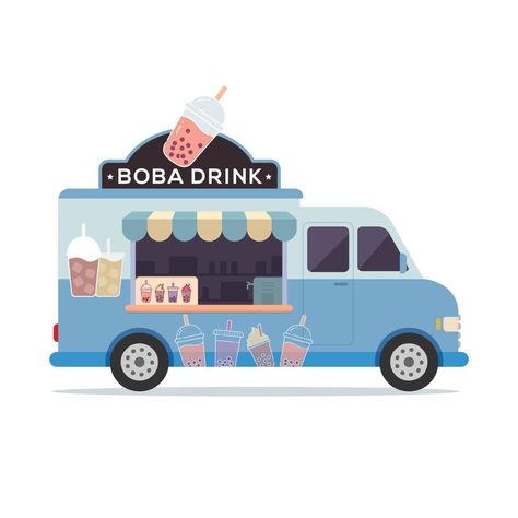 Boba drink truck vector flat illustration Cute Food Truck Design, Food Truck Drawing, Boba Truck, Foodtruck Design, Art Brainstorm, Ice Cream Beach, Circus Props, Street Food Design, Boba Drink