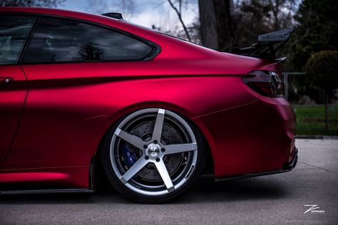 Thumbs Up Or Down? Stanced BMW M4 In Satin Red | Carscoops Bmw M4 Coupe, Bmw M4 F82, Bmw Red, Safe Driving Tips, Mini Cooper Custom, Latest Bmw, Auto Graphics, M4 F82, Gmc Pickup Trucks