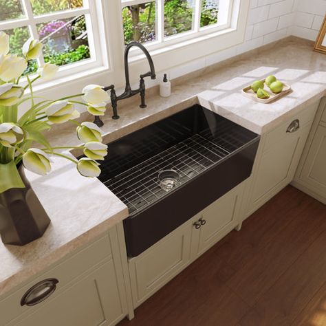 Whitehaus Collection Gothichaus Fireclay 30" x 18" Sink with a Swirl Design Front Apron and a Fluted Front Apron | Wayfair Kitchens With Black Sinks, Vintage Farmhouse Sink, Temple Building, Single Basin Kitchen Sink, White Farmhouse Sink, Black Kitchen Sink, Farmhouse Kitchen Sink, Apron Sink Kitchen, Sink Grid