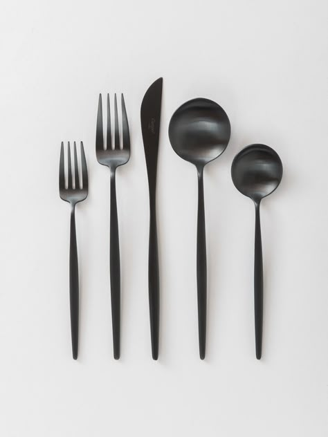 Modern yet timeless brushed black flatware. Brushed black finish, delicate contours and shapes.      INCLUDES 1 Salad/Dessert Fork 1 Dinner Fork 1 Dinner Knife 1 Dinner Spoon 1 Tea Spoon DETAILS Brushed black 18/10 stainless steel        Made in Portugal by Cutipol     Hand wash recommended Estimate Black Flatware, Dessert Fork, Tea Spoon, Salad Dessert, Dinner Fork, Simple Kitchen, Ikea Kitchen, Black Kitchens, Kitchen Items