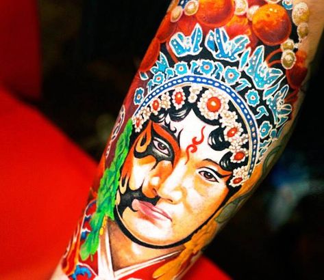 Wonderfull full colors tattoo art of Chinese Opera motive done by artist Khan Tattoo | Post 18553 | World Tattoo Gallery - Best place to Tattoo Arts Opera Tattoo, Chinese Opera, Chest Tattoos, Opera Singer, World Tattoo, Tattoos Gallery, Opera Singers, Disney Memes, Chest Tattoo