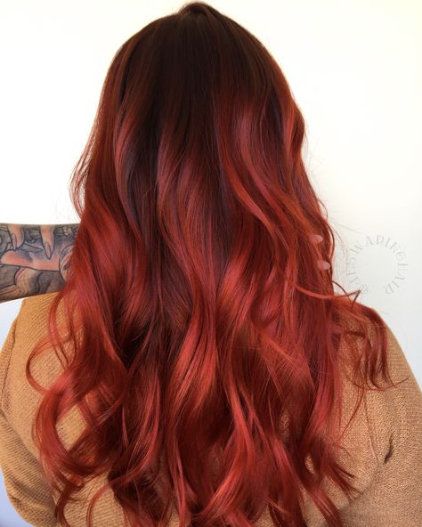 Red balayage hair with root melt Red Hair Brown Shadow Root, Red Hair With Root Shadow, Coral Hair Dark Roots, Root Melt Red Hair, Red Root Melt, Shadow Root Red Hair, Red Color Melt Hair, Red Hair Shadow Root, Red Hair Brown Roots