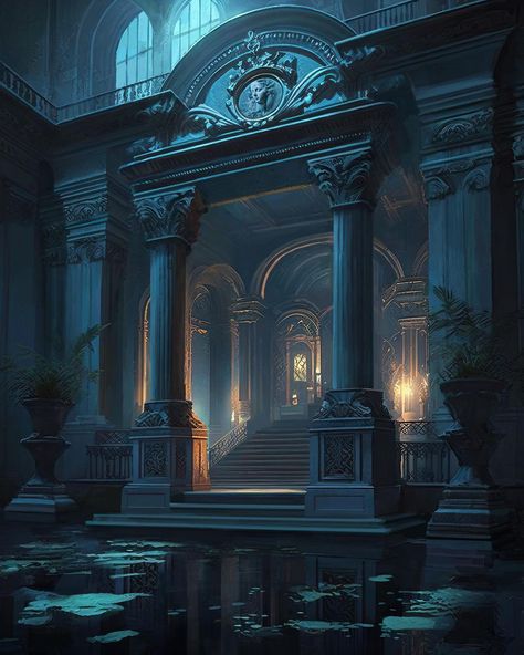 Oknice Art on Instagram: “Baroque Bathhouse - not been used for a long time. - #photoshop #photobash #mattepainting #midjourney #digitalart #digitalpainting…” Fantasy Bathhouse, Dark Castle Aesthetic Interior, Castle Aesthetic Interior, Goth Castle, Procreate Painting, Castle Exterior, Pool Pond, Moorish Design, Dark Castle