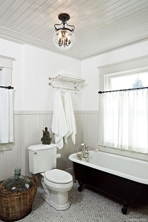 Gray Beadboard Walls, Beadboard Walls And Ceiling, Gray Beadboard, Bathroom Clawfoot Tub, Clawfoot Tub Bathroom, Black Bathtub, Beadboard Bathroom, Wainscoting Bathroom, Beadboard Ceiling