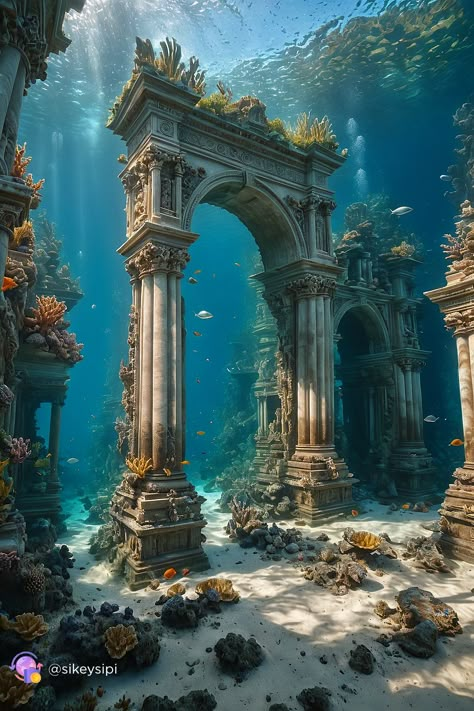 Dive into the mystical underwater world where ancient temples of sea gods reside. Created by Stable Diffusion, this image merges architectural majesty with oceanic serenity, offering a glimpse into a submerged realm of mythology. #UnderwaterRuins #MythicalArchitecture #AIImagery Magical Underwater World, Ancient World Aesthetic, Underwater Kingdom Fantasy Art, Underwater Cathedral, Underwater Facility, Atlantis Ruins, Underwater Structures, Atlantis Aquarium, Underwater Temple