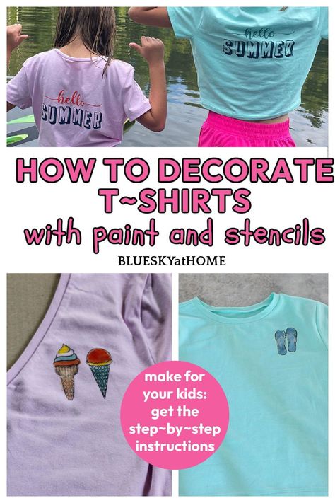 How To Decorate A Tshirt, Puff Paint Shirts Ideas, T Shirt Decorating Ideas For Kids, Painted T Shirts Ideas, Painted Shirts Diy, Diy Tshirt Painting Ideas, Cute Summer Designs, Painting T Shirts, Paint For Fabric