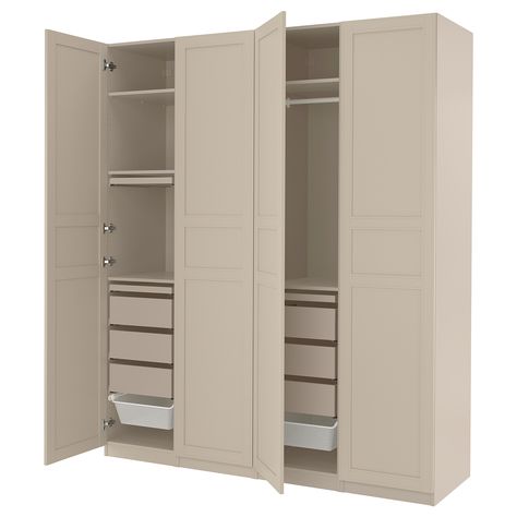 PAX / FLISBERGET Wardrobe combination, beige/beige, 783/4x235/8x931/8" Is your partner driving you crazy with their mess? Or they are the neat freak and you - not so much? With one side each, hiding behind closed doors, none of you needs to drive the other one crazy again! Pax Wardrobe In Bedroom, Flisberget Ikea, Ikea Pax Wardrobe Doors, Ikea Built In Wardrobes, Ikea Closets, Beige Furniture, Pax Planner, Armoire Pax, Wardrobe Hinges