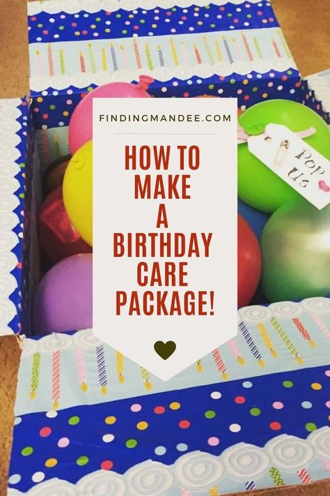 Birthday Packages For Best Friend, 18th Birthday Care Package Gift Ideas, Birthday Gift Box Idea, How To Make A Birthday Box Diy, Care Package Notes Ideas, Gift In A Box Ideas, College Birthday Gifts, Birthday Box For College Son, Birthday College Care Package Ideas