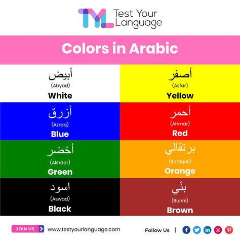 Colors In Arabic, Arabian Aesthetic, Arabic Colors, Color Names Chart, Arabic Verbs, Arabic Vocabulary, Language Map, List Of Colors, Language Quiz