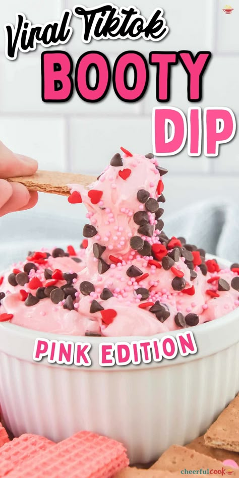 Whip up this quick, irresistible Pink Booty Dip that's perfect for any party or gathering. A creamy, sweet treat that's as fun to make as it is to eat! #CheerfulCook #BootyDip #DessertDip #NoBake #TikTok #easyrecipe Pink Snack Table Ideas Party, Fun Snacks For Parties, Dessert Dip With Vanilla Wafers, Valentine Party Snacks For Adults, Galentine’s Finger Foods, Valentines Dessert Dip, Galentines Party Dips, Valentine’s Day Pink Food, Valentine Day Appetizers Easy