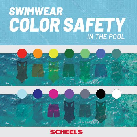 When swimming in the pool this summer, choose swimsuit colors that stand out in the water. Bright and neon color swimwear is always best, especially for children.

An important safety tip, courtesy of Scheels. Swimming In The Pool, Wedding Drinkware, Swimming Pool Safety, Track And Field Shoes, Bib Dress, Pool Safety, Hunting Pants, Water Safety, Survival Life Hacks