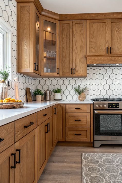 20+ Stunning Kitchen Backsplash Ideas with Oak Cabinets Kitchen Backsplash Ideas With Oak, Backsplash Ideas With Oak Cabinets, Kitchen Backsplash Ideas With Oak Cabinets, Concrete Backsplash, Beige Marble Tile, Ceramic Tile Colors, Mosaic Tile Sheets, White Subway Tile Backsplash, Backsplash Panels