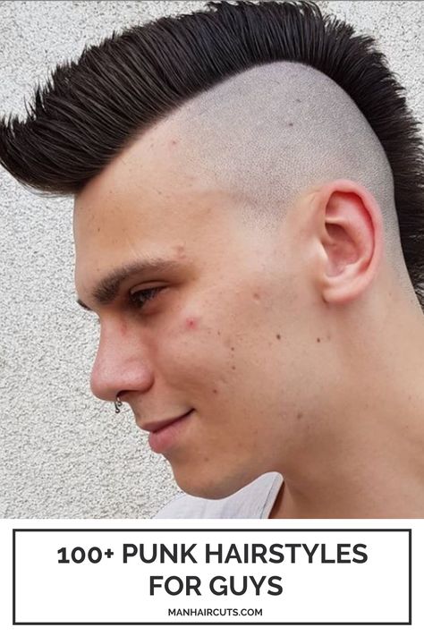 If you want to enjoy punk hairstyles for guys, even if your hair is not very long, ask for a clean, short-trimmed Mohawk with evenly combed strands, and zero fades for the rest of your head. #punkhairstyles #mohawkhairstyle #fadehaircuts #menhairstyle #manhaircuts Mohawk Hairstyles Men Short Hair, Short Punk Hairstyles Men, Mens Half Up Half Down Hair, Rocker Hairstyles Men, Short Mohawk Mullet, Short Mohawk Men, Punk Haircut Men, Modern Mohawk Men, Rock Haircuts