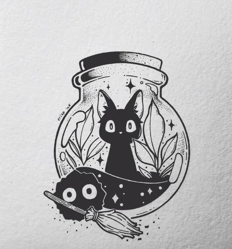 Witchy Cat Drawing, Studio Ghibli Flash Tattoo, Cat Flash Tattoo, Witchy Cat Tattoo, Ghibli Tattoo Ideas, Ghibli Halloween, Mini Halloween Tattoos, Studio Ghibli Tattoo Ideas, Tatuaje Studio Ghibli