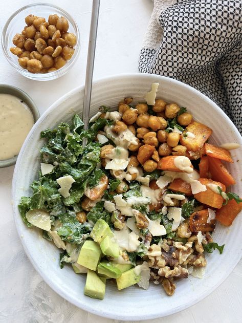 This salad has everything: tons of different textures and flavors, filling protein, satiating fat ... Roasted Sweet Potato Cubes, Chickpea Fritters, Kale Caesar, Kale Caesar Salad, Peanut Butter Oatmeal Cookies, Registered Dietitian Nutritionist, Salad Sauce, Crispy Chickpeas, Peanut Butter Oatmeal