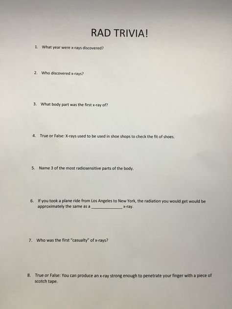 "Rad Trivia" for NRTW! Winners for day & night shifts get a door prize :) Radiology, rad tech week, national radiologic technology week Rad Tech Week Game Ideas, Cath Lab Rad Tech, National Radiologic Technology Week, Xray Tech Week Games, Rad Week Ideas, Radiology Day Ideas, Radiology Tech Week Games, Radiology Week Ideas, Rad Tech Week Gift Ideas