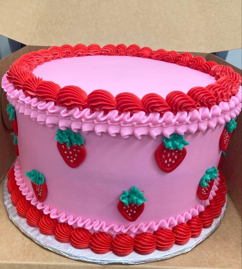 Strawberry Shortcake Themed Cake Strawberry Shortcake First Birthday Theme, Strawberry Shortcake 1st Birthday Party Theme, Strawberry 1st Birthday Party Cake, Pastel Strawberries, Strawberry Cupcake Cake, Strawberry Party Theme Food, Strawberry Shaped Birthday Cake, Strawberry Shortcake Cake Ideas, Strawberry Shortcake Cakes