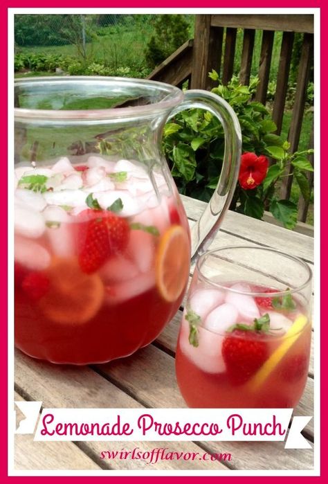 Berry Pink Lemonade Prosecco Punch is an easy party punch recipe that's flavored with puckering raspberry lemonade and bubbly Prosecco and topped off with the sweet bursts of fresh berries!  #cocktail #proseccopunch #drinkrecipewithalcohol #happyhour  #berries #lemonade #swirlsofflavor Lemonade Prosecco Punch, Prosecco Punch, Easy Party Punch, Berry Cocktail, Flavored Lemonade, Lemonade Punch, Party Punch Recipes, Prosecco Cocktails, Punch Recipe