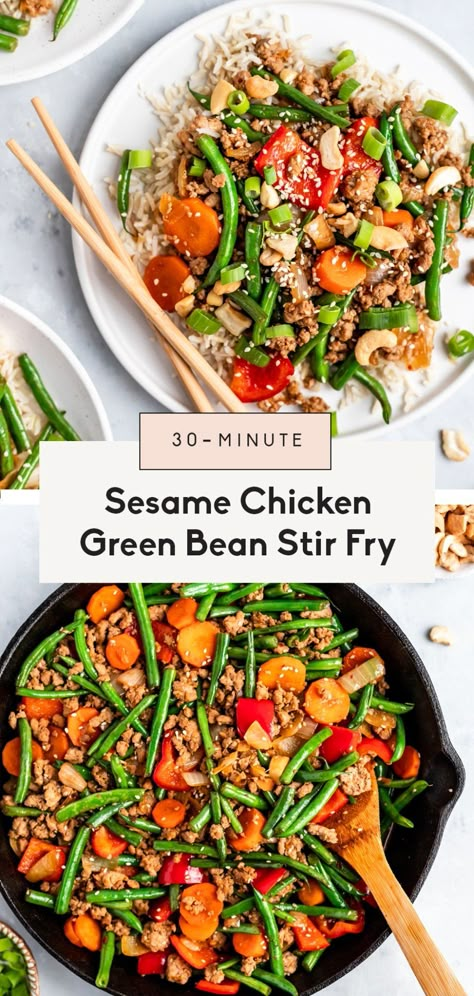 Healthy sesame chicken green bean stir fry made with gorgeous veggies like fresh green beans, carrots and red bell pepper all cooked in a flavorful sesame ginger sauce. This easy chicken and green bean stir fry takes just 30 minutes to make for a paleo, protein-packed weeknight dinner that's great for meal prep. Enjoy as-is or with rice, cauliflower rice or quinoa! #stirfry #chicken #mealprep #dinner #greenbeans #paleo Chicken Green Bean Stir Fry, Sesame Ginger Sauce, Chicken And Green Bean, Green Bean Stir Fry, Bean Stir Fry, Mealprep Dinner, Healthy Sesame Chicken, Rice Cauliflower, Ginger Green Beans