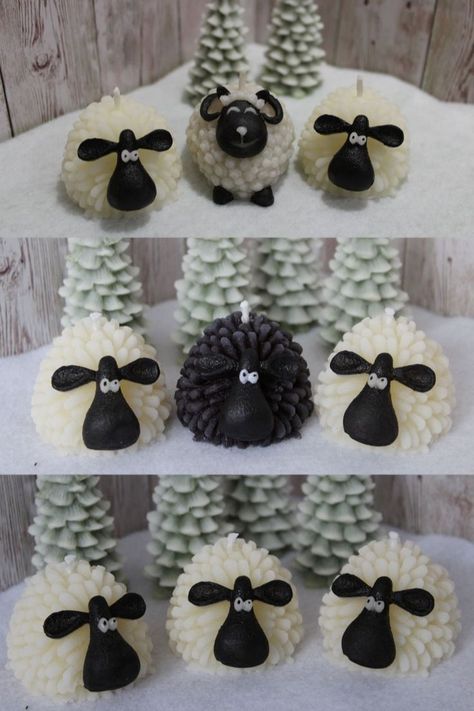 These Fun Homemade Beeswax Sheep and Ram Candles are great for Spring or Easter Display, but also great for a Winter or Christmas Scene. Made from natural white beeswax, the faces are hand painted with candle paint. Choose from individual candles or a flock of 3 Beeswax Sheep or Ram and 2 Sheep! These Beeswax Sheep and Ram Candles come in a gift bags with a choice of ribbons! Small tree Candles are also available to purchase, for your winter display! Winter Display, Sheep Christmas, Tree Candles, Flock Of Sheep, Easter Display, Easter Birthday, Painted Candles, Candle Tree, Christmas Scene