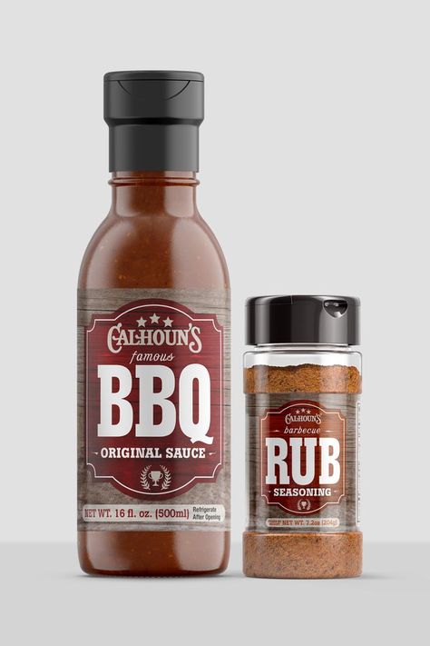 Custom food packaging label designs for Calhoun's barbeque sauce and BBQ rub seasoning. Product Label Design, Dr Pepper Can, Unique Food, Gift Card Design, Barbeque Sauce, Bbq Rub, Food Packaging Design, Customer Loyalty, Packaging Labels Design