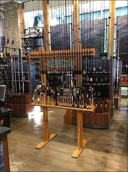 Fishing Pole Display Ideas, Fishing Pole Storage Ceiling, Bait And Tackle Shop Ideas, Fishing Display Retail, Fishing Booth, Bait And Tackle Shop, Architectural Columns, Fishing Store, Tackle Shop