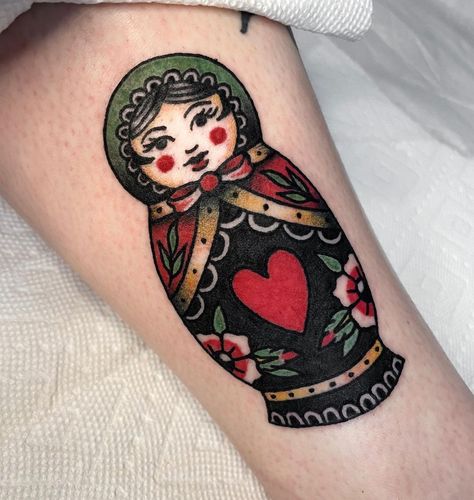 Traditional Matryoshka Doll Tattoo, Babushka Dolls Tattoo, Nesting Doll Tattoo Traditional, Russian Nesting Doll Tattoo Traditional, Russian Stacking Doll Tattoo, Russian Style Tattoo, Russian Nesting Doll Tattoo, Babushka Tattoo, Russian Tattoos