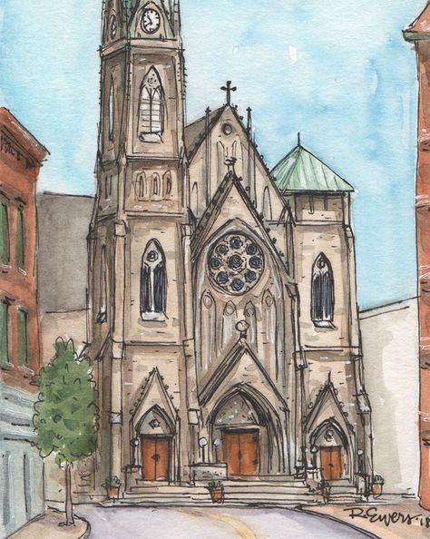 rewersdesigns Church Watercolor, Cincinnati Skyline, Saint Francis, University Of Cincinnati, November 3, Cincinnati Ohio, St Francis, Color Correction, Catholic Church