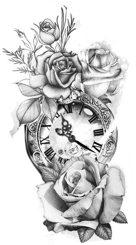 Tattoos About Time Quotes, Steampunk Pocket Watch Tattoo, Clock Flowers Tattoo, Clock And Rose Tattoo Design For Women, Geometric Clock Tattoo, Women Leg Sleeve Tattoo Ideas, Rose Half Sleeve, Clock Tattoo Sleeve, Clock And Rose Tattoo