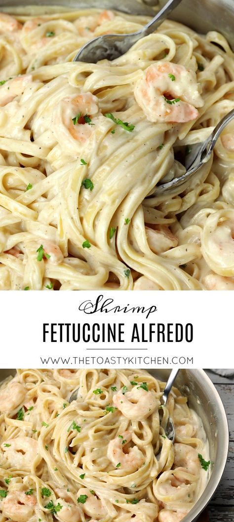 Shrimp fettuccine alfredo recipe by The Toasty Kitchen. Shrimp fettuccine alfredo makes an easy weeknight meal - it's ready in just 30 minutes and prepared in a single pan. Fettuccine noodles and tender shrimp are coated in a creamy homemade alfredo sauce. #fettuccinealfredo #shrimpalfredo #shrimpfettuccine #dinnerideas #onepotmeal #onepanmeal Shrimp Fettucine Alfredo Easy, Shrimp Linguine Recipe Alfredo, One Pan Shrimp Fettuccine Alfredo, Shrimp Linguine Alfredo, Shrimp Broccoli Pasta, Shrimp Fettuccine Recipes, Shrimp Pasta Recipes Creamy, Linguine Alfredo, Shrimp Alfredo Pasta Recipes