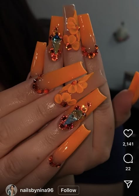 Cute Acrylic Nails Orange, Orange Prom Nails Acrylic, Orange Nails Design Ideas, Orange Nails Acrylic Design, Orange Toe Nail Designs, Long Orange Nails, Orange Birthday Nails, Orange Green Nails, Orange And Red Nails