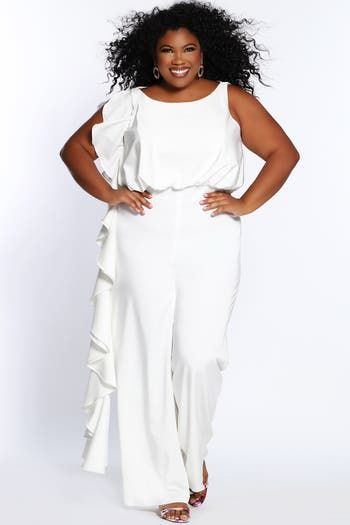 Trendy plus size formal jumpsuit looks elegant at any special occasion whether you're a guest at a wedding, spending a night on the town or having brunch with family and friends. One-piece silhouette in rich French crepe fabric makes dressing up effortless. Asymmetrical flounce on bodice and pant creates a sleek, sophisticated look that elongates and shapes your body. Keyhole back on this plus size dressy jumpsuit adds modern design detail. Lined in stretch knit for extra comfort. Wear this vers Wedding Outfit Guest Plus Size, Bridesmaid Two Piece, Plus Size Jumpsuit Wedding, Plus Size Formal Jumpsuit, Renewal Dress Ideas, White Pants Set, Wedding Renewal Dress, Plus Size Dressy, Evening Jumpsuits