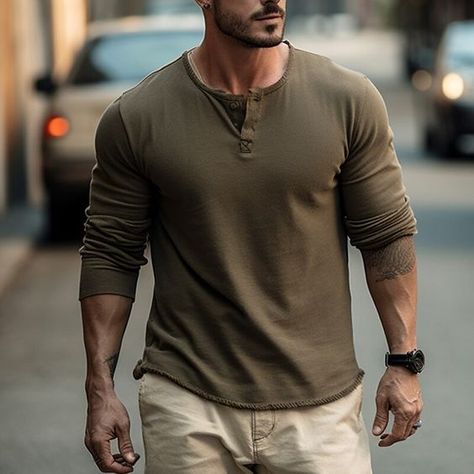 Product well received. Need to test and share details of how it works Full Sleeves Tshirt Men, Guys Fall Outfits, Henley Top Outfit, Minimal Mens Fashion, Men Fade Haircut Short, Design Jersey, Army Style, Mens Casual Outfits Summer, Henley Shirt Men