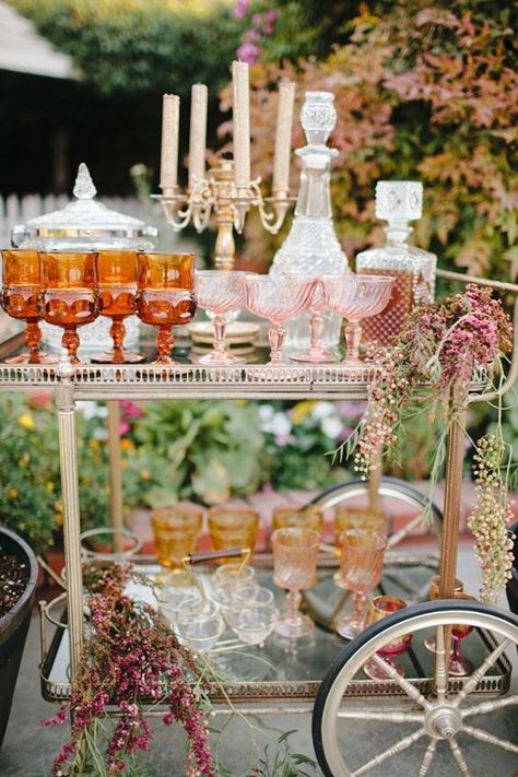 refined vintage wedding bar table ideas Vintage Chic Wedding, Chic Vintage Brides, Secret Garden Wedding, Garden Wedding Inspiration, Vintage Wedding Theme, Colored Glassware, Drink Station, Outdoor Weddings, Wedding Tablescapes