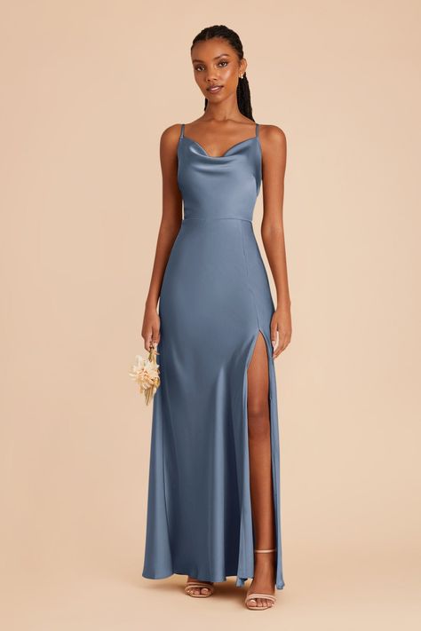 Featuring a 90's cowl neck, this floor-length matte satin bridesmaid dress is a head-turning statuesque beauty. Available in French Blue. Our matte satin midi got a glow-up! | French Blue Bridesmaid Dress Matte Satin Size Small | Birdy Grey Lisa Long Dusty Blue Bridesmaid Dresses Satin, Fine Dining Dress, Dark Teal Bridesmaid, French Blue Bridesmaid Dress, Blue Dress Bridesmaid, Dark Teal Bridesmaid Dresses, Live Jazz Band, Teal Bridesmaid Dress, Newport Vineyards