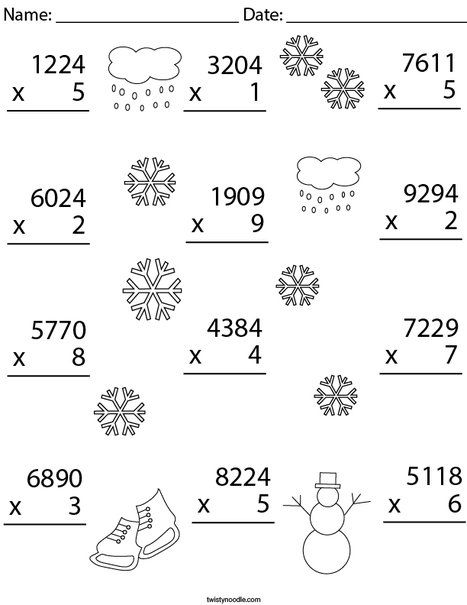 Winter Multiplication Practice 4 Digit by 1 Digit Math Worksheet - Twisty Noodle 4 Digit By 1 Digit Multiplication, Christmas Multiplication Worksheets, Multiplication Coloring Worksheets, Free Printable Multiplication Worksheets, Third Grade Math Activities, Holiday Math Worksheets, Printable Multiplication Worksheets, Math Division Worksheets, Third Grade Math Worksheets