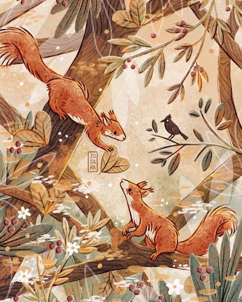 studio zosara • illustrations | Autumn’s golden gifts 🧡🍂🐿️ . While walking in the forest, I spotted two squirrels chasing each other on a tree and this is what I imagine… | Instagram Christmas Forest Illustration, Card Postal, Cosy Reading Nook, Squirrel Illustration, Cosy Reading, Illustration Kunst, Naive Illustration, Illustration Procreate, Art And Illustration