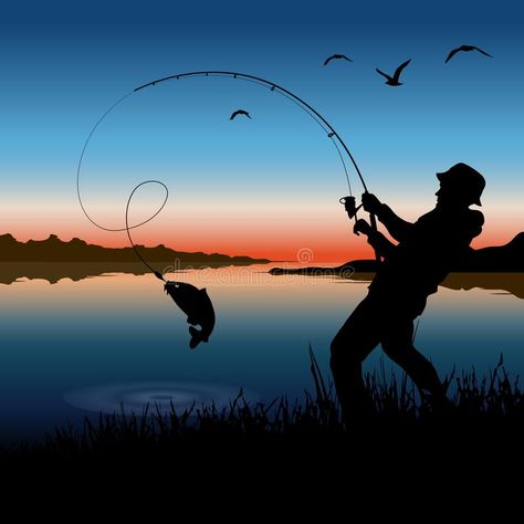 Fisherman and nature. Fisherman catches fish on a fishing rod. stock illustration Artistic Sketches, Shimano Fishing, Fly Fishing Art, Boat Drawing, Fish Silhouette, Fishing Photos, Easy Drawing Steps, Fishing Apparel, Fishing Pictures