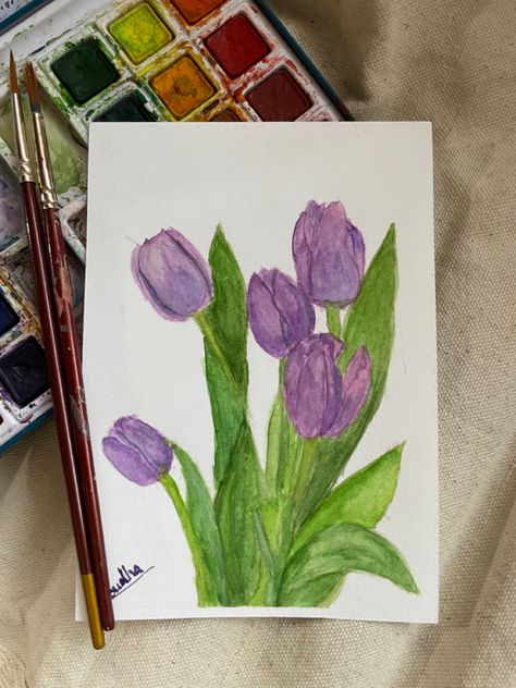 Purple tulips painted in watercolors. #tulips #purpletulips #watercolorpainting #watercolorflorals #flowerartwork Tulip Drawing, Tulip Painting, Purple Tulips, Flower Artwork, Floral Watercolor, Tulips, Watercolor Paintings, Purple, Drawings