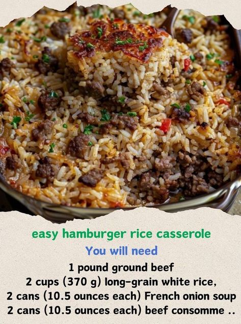 Hamburger And Rice Recipes, Beef Consomme, Hamburger Rice Casserole, Hamburger Rice, Buttery Rice, Ground Beef Rice, Rice Skillet, Rice Casserole Recipes, Easy Hamburger