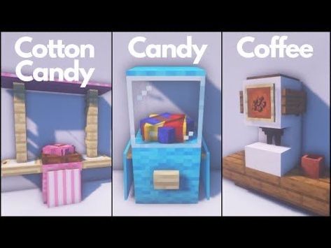 Minecraft Cash Register Ideas, Minecraft Game Room Ideas, Coffee Machine Minecraft, Minecraft Candy Build, Candy Minecraft Builds, Carnival Minecraft Ideas, Minecraft Cute Decor, Ice Cream Shop Minecraft, Minecraft Food Stand